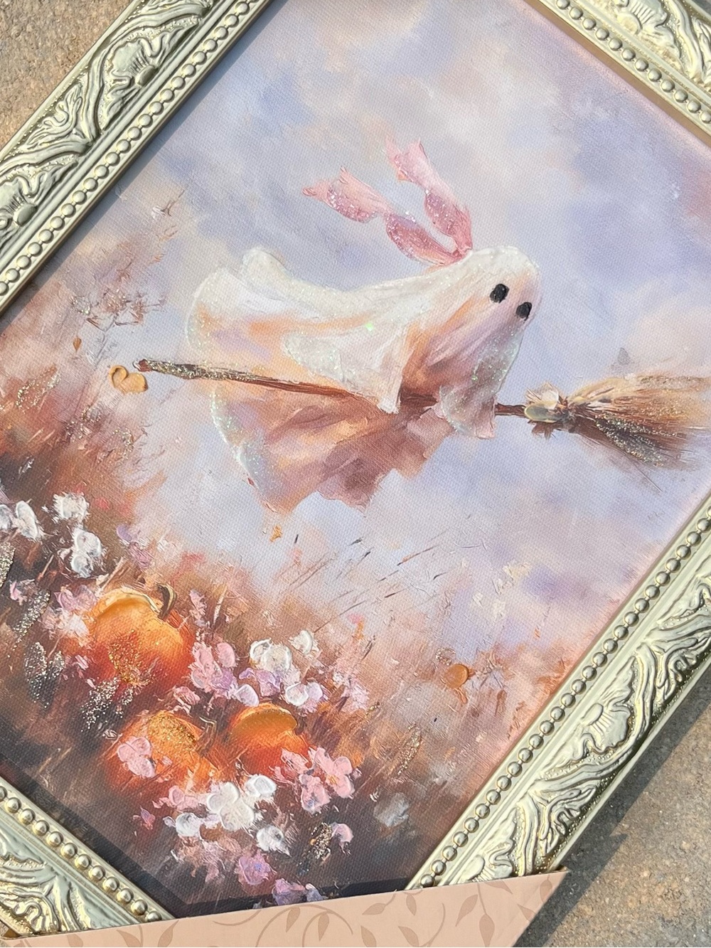 Dreaming Ghost on Broomstick Framed Wall Art - Pastel Orange & Pink